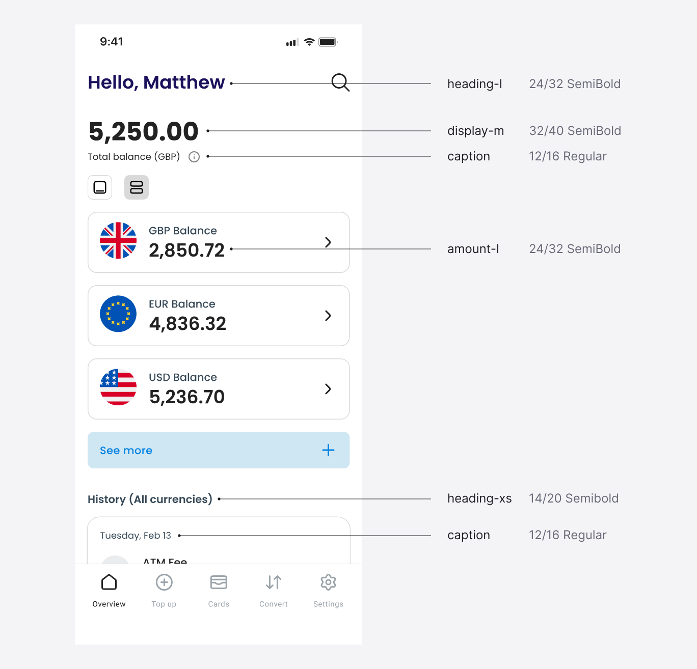 The TUI home screen with callout lines mapping each text element to its token name.