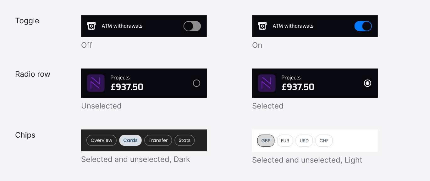 Toggles, radio rows and chips shown in dark and light themes.