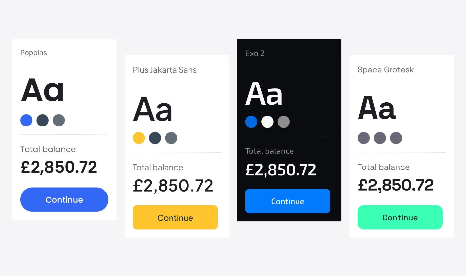 The same card component rendered in three client themes — light, dark and mint — each with its own typeface, accent colour and button shape