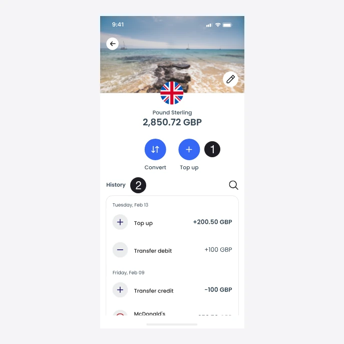 A single currency account: the Pound Sterling balance, quick actions to convert and top up, and a history for that currency only.