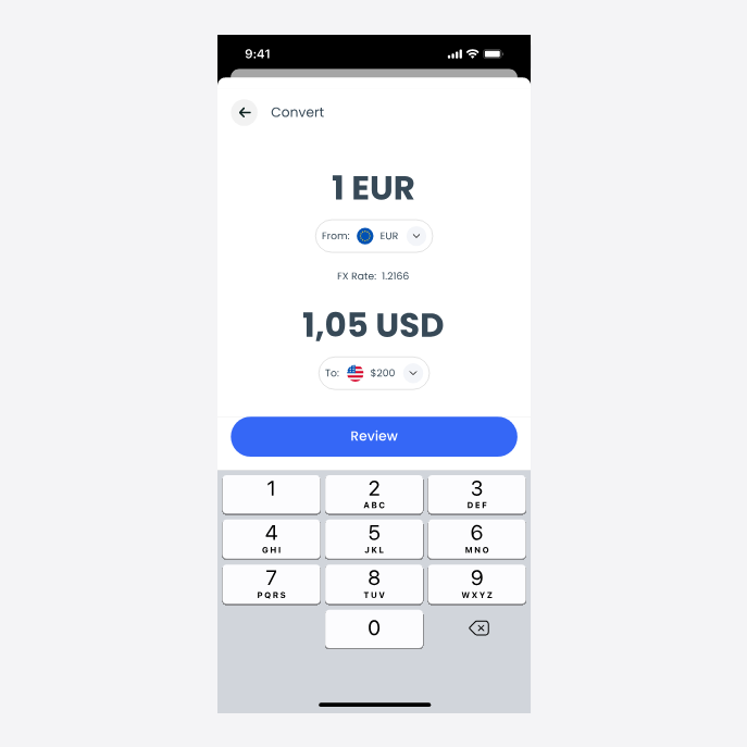 The Convert screen: 1 EUR converting to 1,05 USD, with the FX rate shown above the keypad.