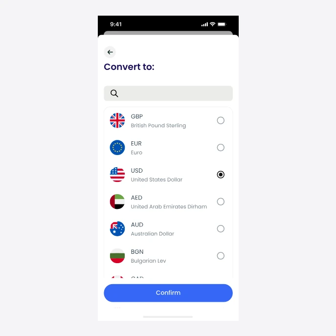The “Convert to” currency picker: a search field above a list of currencies with flags, USD selected.