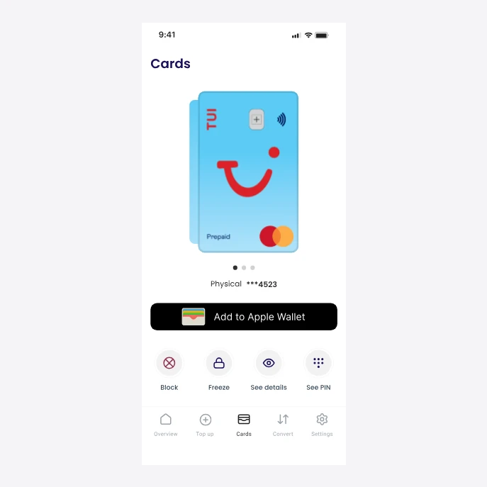 The Cards tab: the TUI prepaid Mastercard, Add to Apple Wallet, and controls for block, freeze, see details and see PIN.