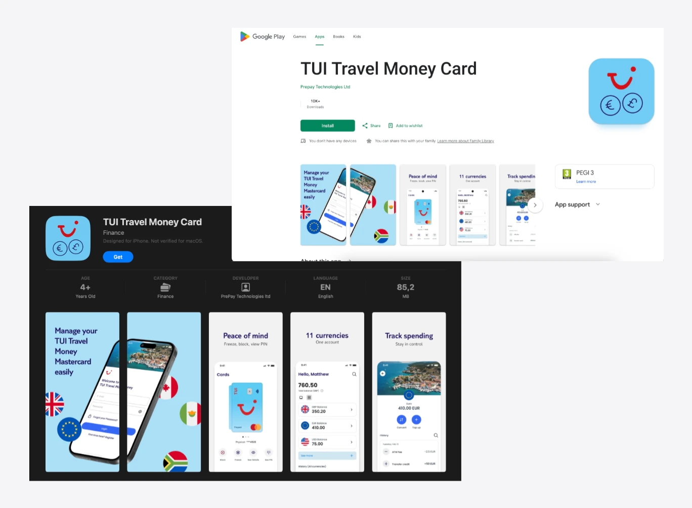 The TUI Travel Money Card listings on the App Store and Google Play, showing the app icon and store screenshots.