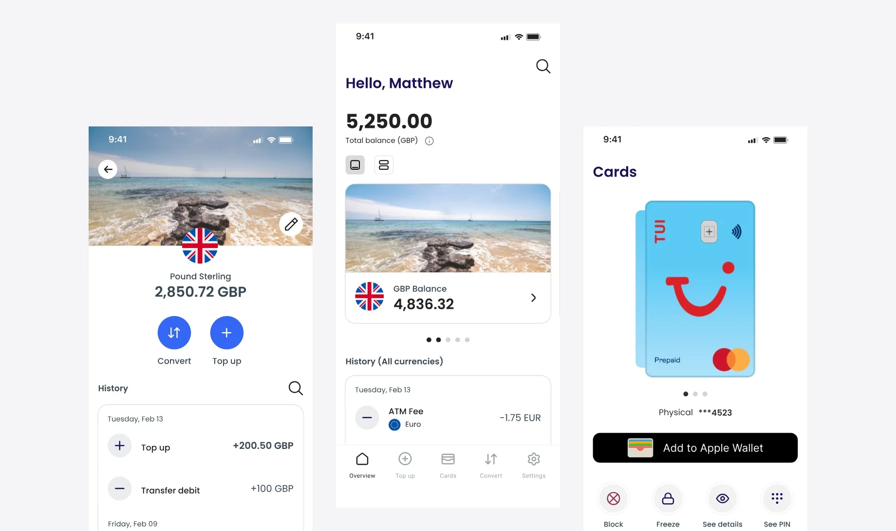 The TUI Travel Money app: the TUI smile, a home screen showing a multi-currency balance, and the Cards screen with the prepaid Mastercard